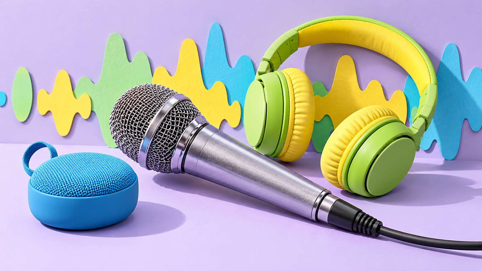 Microphone and bright headphones on a lavender background