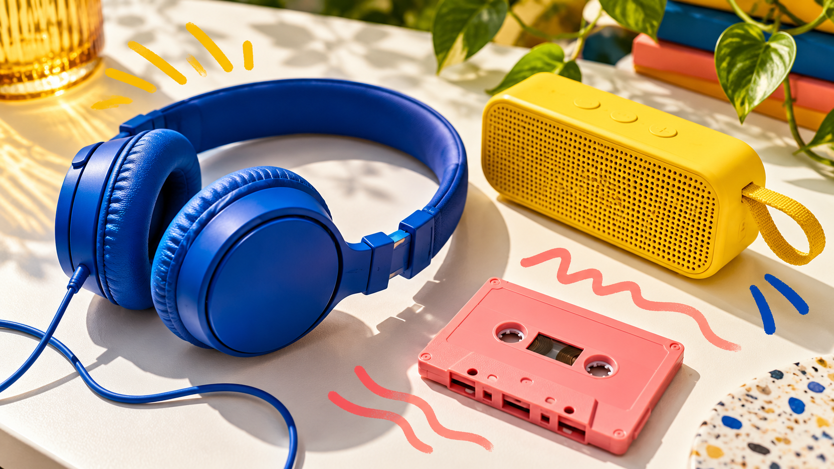 Blue headphones, a yellow speaker and pink cassette